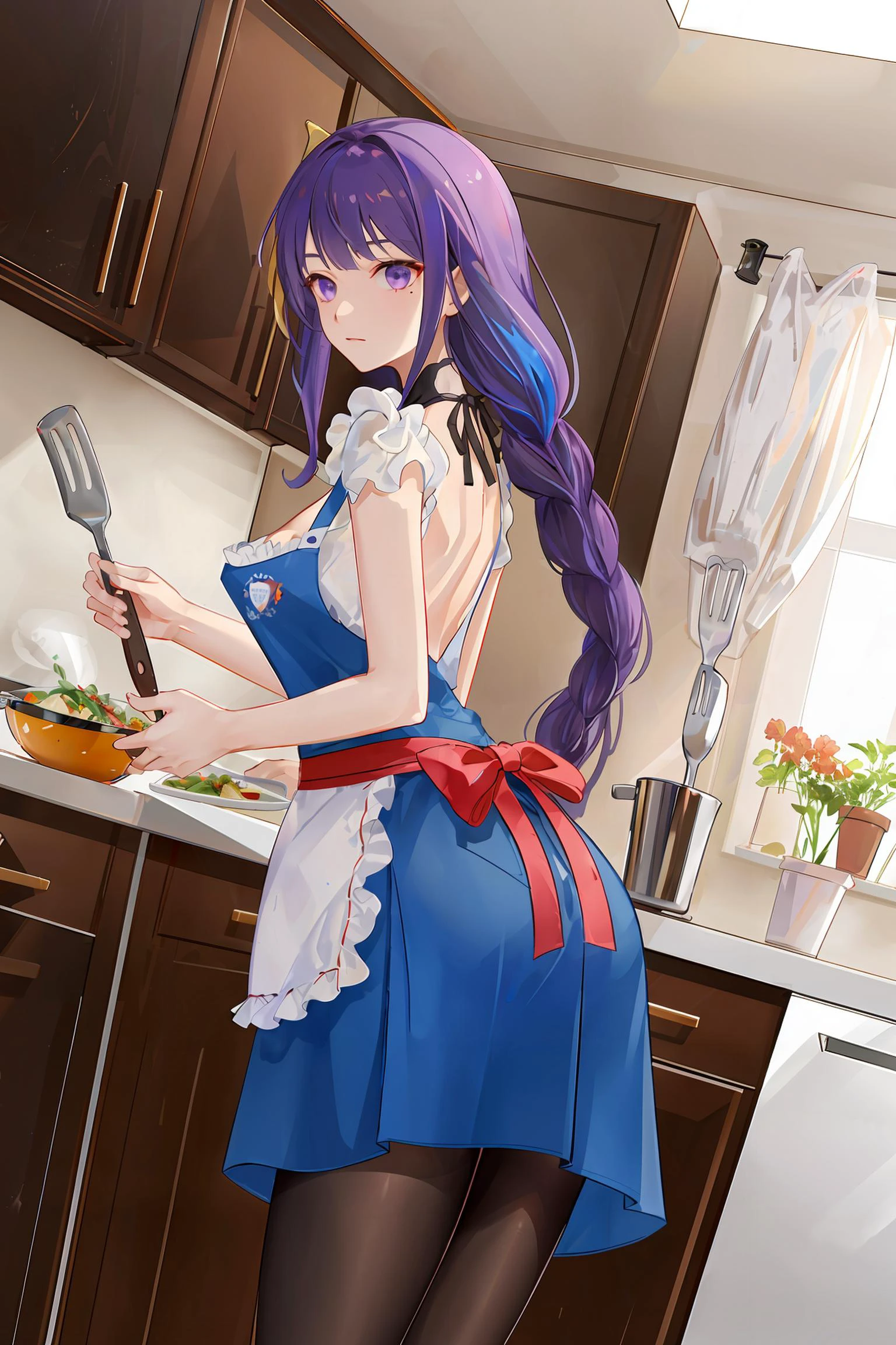 ((masterpiece,best quality)),1girl, solo,(dutch angle:1.3), <lora:raidenShogunLora_raidenShogun:1:MIDD>,(a girl cooking),raiden shogun,breasts,cleavage, bangs, sash, mole, large breasts, purple eyes,long hair, purple hair, blue hair, mole under eye, braid, backless outfit,pantyhose, kitchen, kitchen knife, food, salad,spatula,stew, cooking, pot, apron, looking back, night,