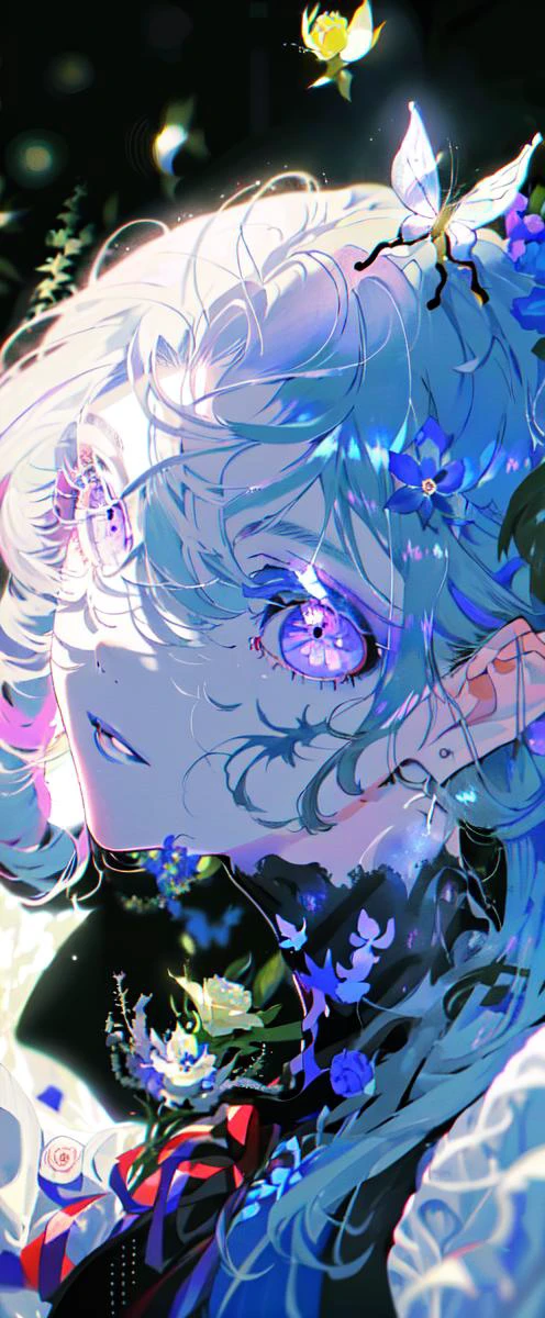 <lora:beautifulDetailedEyes_v10:1> <lora:vividImpactfulStyleYoneyamaMai_v40gLora:1> vvi\(artstyle\), vvi\(face\),vvi\(eyes\), ((masterpiece)), ((ultra-detailed)), pixiv, best shadows, best lighting, best quality, cinematic shot, 1girl, butterfly, flower, long hair, bug, colored skin, looking at viewer, purple eyes, parted lips, rose, blue flower, white hair, bangs, blue rose, solo, hands up, petals, hair between eyes, dress, very long hair, blue butterfly
