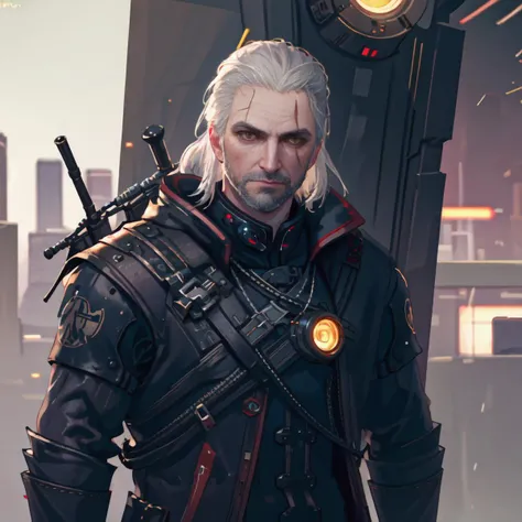 masterpiece, (cyberpunk, cybernetic, futuristic, neon color, science fiction), sfw, (masterpiece:1.10), (best quality:1.0), (ultra highres:1.0), beautiful 8k, masterpiece, volumetric lighting, 24mm, 4k, DSLR, natural lighting, <lora:CyberpunkStyleV1:0.5>, <lora:geraltW3-V3:0.6>, geralt_soul3142, facial hair, 1boy, white hair, beard, solo,, scar across eye, yellow eyes, slit pupils, realistic