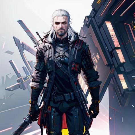 masterpiece, (cyberpunk, cybernetic, futuristic, neon color, science fiction), sfw, (masterpiece:1.10), (best quality:1.0), (ultra highres:1.0), beautiful 8k, masterpiece, volumetric lighting, 24mm, 4k, DSLR, natural lighting, <lora:CyberpunkStyleV1:0.5>, <lora:geraltW3-V3:0.6>, geralt_soul3142, facial hair, 1boy, white hair, beard, solo,, scar across eye, yellow eyes, slit pupils, realistic