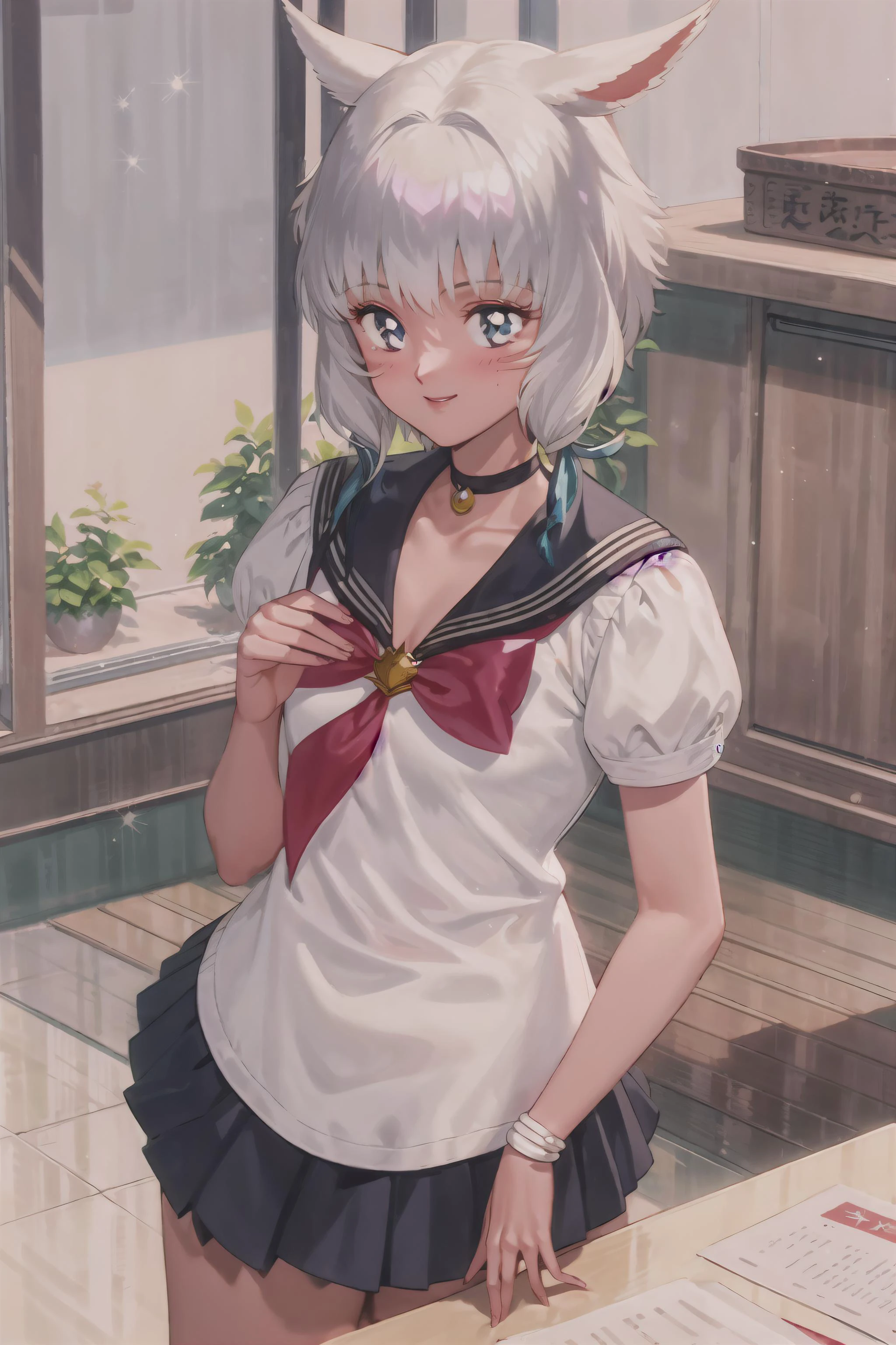 best quality, y'shtola, miqo'te,feather hair ornament, light smile, school uniform, upper body,(sparkle), final fantasy, sailor moon, <lora:smv1-10:1>, <lora:YshtolaV4-6:0.7>