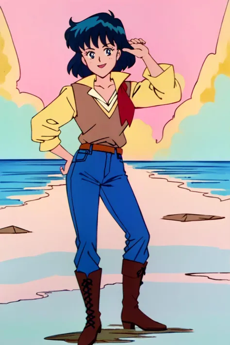 1girl,tesspole, <lora:TessPole1L:0.8>,red ascot,brown vest,yellow shirt,long sleeves,blue jeans,black hair,leather boots,smiling,standing,hand on hip,full body,outdoors,sunset,looking at viewer,centered, <lora:smv1-10:1>, <lora:LORA-XenoDetailer-v2:0.1>