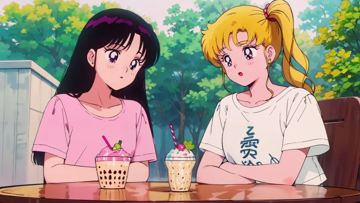 ( hyper realism, anime, manga)  <lora:smv1-10:1> (2girls:[(black long hair) (dark eyes) (bangs) (white shirt)],[ (blonde hair) (double side ponytail)  (bangs) (oversized pink T-shirt)]
( sitting at table, round table, outdoors, milkshake,  )