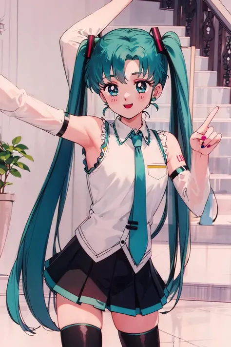 ((best quality)), ((highly detailed)), masterpiece, absurdres, (detailed eyes, deep eyes), (1girl), dynamic pose, cowboy shot, Hatsune Miku, aqua hair, ((very long hair)), twintails, hair ornament, aqua eyes, blue nail polish, smile, white shirt, collared shirt, sleeveless shirt, bare shoulders, detached sleeves, (black sleeves), wide sleeves, aqua necktie, miniskirt, thighhighs, zettai ryouiki, ((singing)), (indoors, in a stairway), <lora:SailorMoon1992:1>