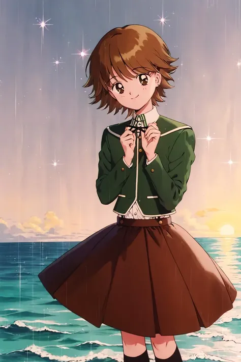 best quality, fujisaki chihiro, 1boy, otoko no ko, light brown hair, green jacket, ribbon, brown skirt, kneehighs, close up, rain, smile, sparkle, sunset, windy, <lora:chihiro-nvwls-v1:0.95>,  <lora:smv1:1>