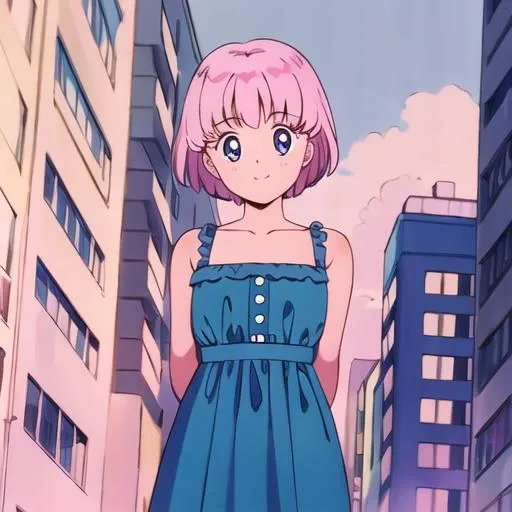best quality, masterpiece, <lora:smv1-10:1>, 1girl, light smile, looking at viewer, pink hair, short hair, city, sundress,cowboy shot, arms behind back,