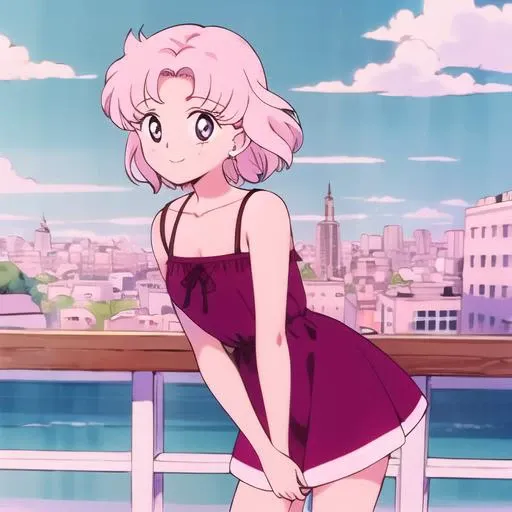 best quality, masterpiece, <lora:smv1-10:1>, 1girl, light smile, looking at viewer, pink hair, short hair, city, sundress,cowboy shot, arms behind back,