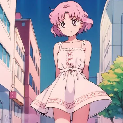 best quality, masterpiece, <lora:smv1-10:1>, 1girl, light smile, looking at viewer, pink hair, short hair, city, sundress,cowboy shot, arms behind back,