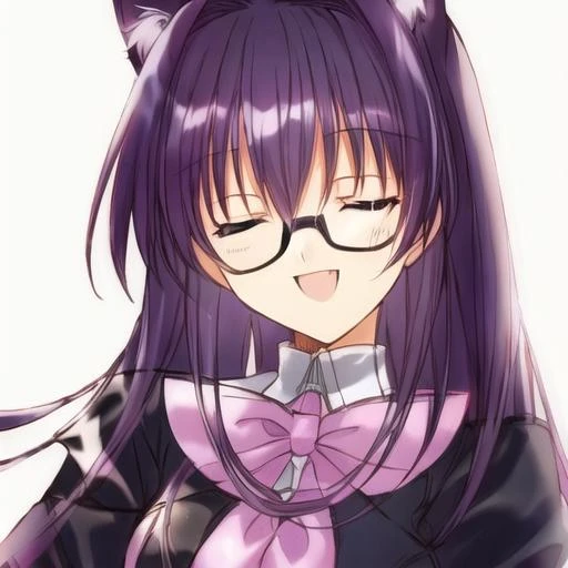portrait,closed eyes, purple hair, glasses, cat ears,long sleeves, smile, open mouth,simple background, <lora:Aoi_Nanase-000012:1>