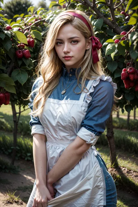 (realistic:1.3), finely detailed, quality, rembrandt lighting, (masterpiece:1.2), (photorealistic:1.2), (best quality), (detailed skin:1.3), (intricate details), dramatic, ray tracing, 1girl, 21 years old, detailed skin texture, (blush:0.5), (goosebumps:0.5), subsurface scattering, smiling, medium breasts, aamarry, long hair, blonde hair, red eyes, hairband, hair ribbon, dress, key necklace, apron, frilled apron, cowboy shot, (bright sunny day, outdoors, rows of fruit trees, fruit orchard), <lora:kozakura_marry_v1:0.7>