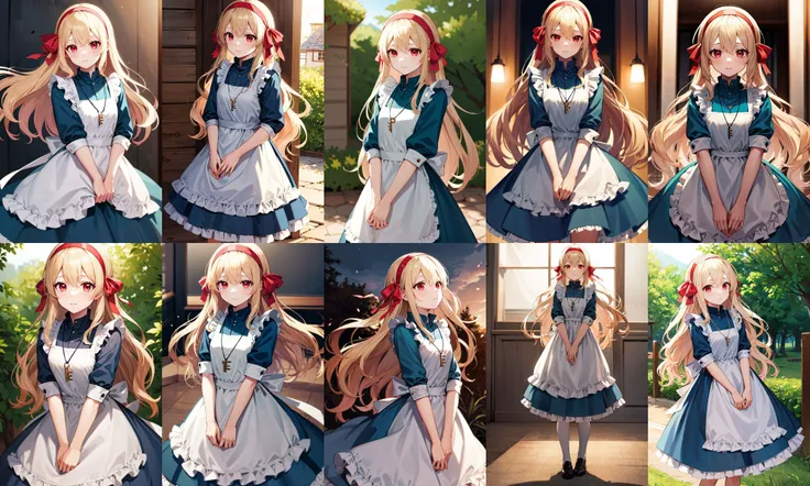 masterpiece, best quality, highres, aamarry, long hair, blonde hair, red eyes, hairband, hair ribbon, dress, key necklace, apron, <lora:kozakura_marry_v1:0.7>, standing