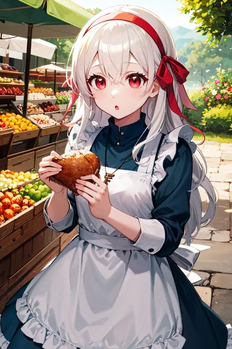 masterpiece, best quality, highres, aamarry, long hair, white hair, red eyes, hairband, hair ribbon, dress, key necklace, apron, <lora:kozakura_marry_v1:0.7>, holding food, market, outdoors, :o