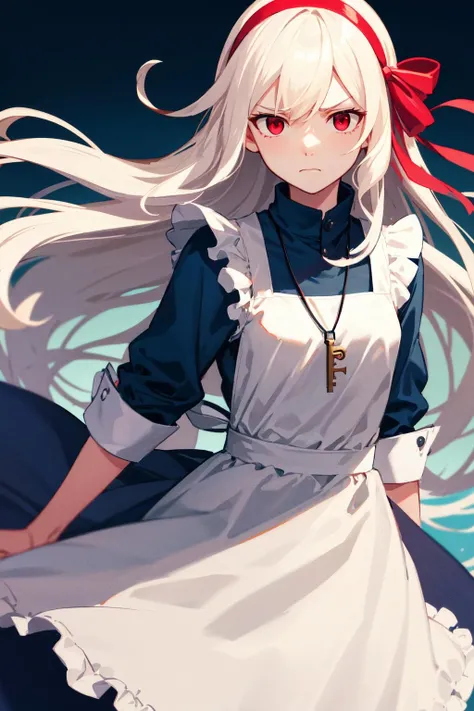 masterpiece, best quality, highres, aamarry, long hair, white hair, red eyes, hairband, hair ribbon, dress, key necklace, apron, <lora:kozakura_marry_v1:0.7>, frown, standign, cowboy shot, wind, floating hair, clenched hand, skirt hold,
