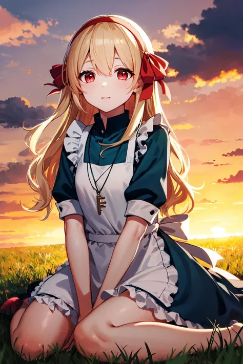 masterpiece, best quality, highres, aamarry, long hair, blonde hair, red eyes, hairband, hair ribbon, dress, key necklace, apron, <lora:kozakura_marry_v1:0.7>, sunset, wariza, field,