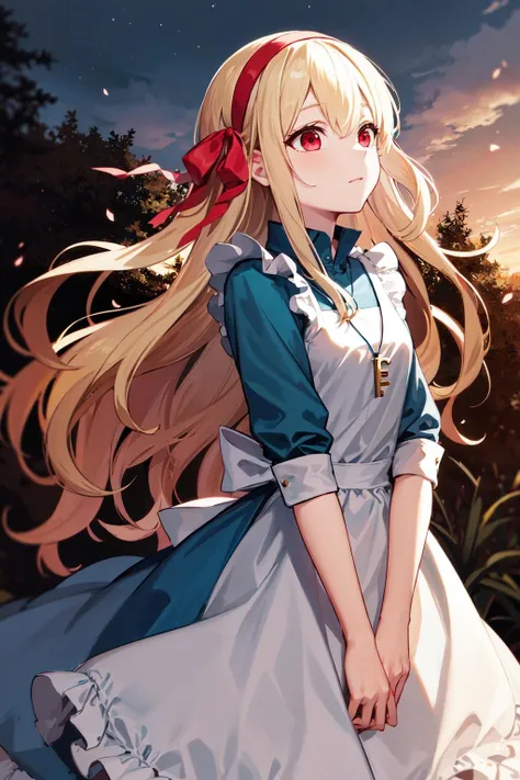 masterpiece, best quality, highres, aamarry, long hair, blonde hair, red eyes, hairband, hair ribbon, dress, key necklace, apron, <lora:kozakura_marry_v1:0.7>, standing