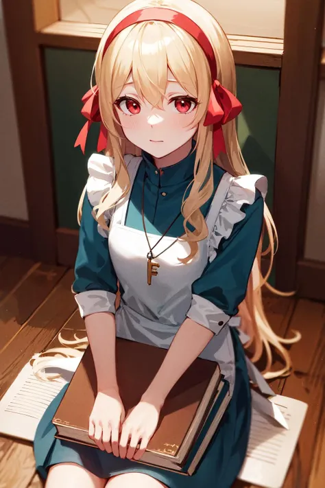 masterpiece, best quality, highres, aamarry, long hair, blonde hair, red eyes, hairband, hair ribbon, dress, key necklace, apron, <lora:kozakura_marry_v1:0.7>, sittting, book,
