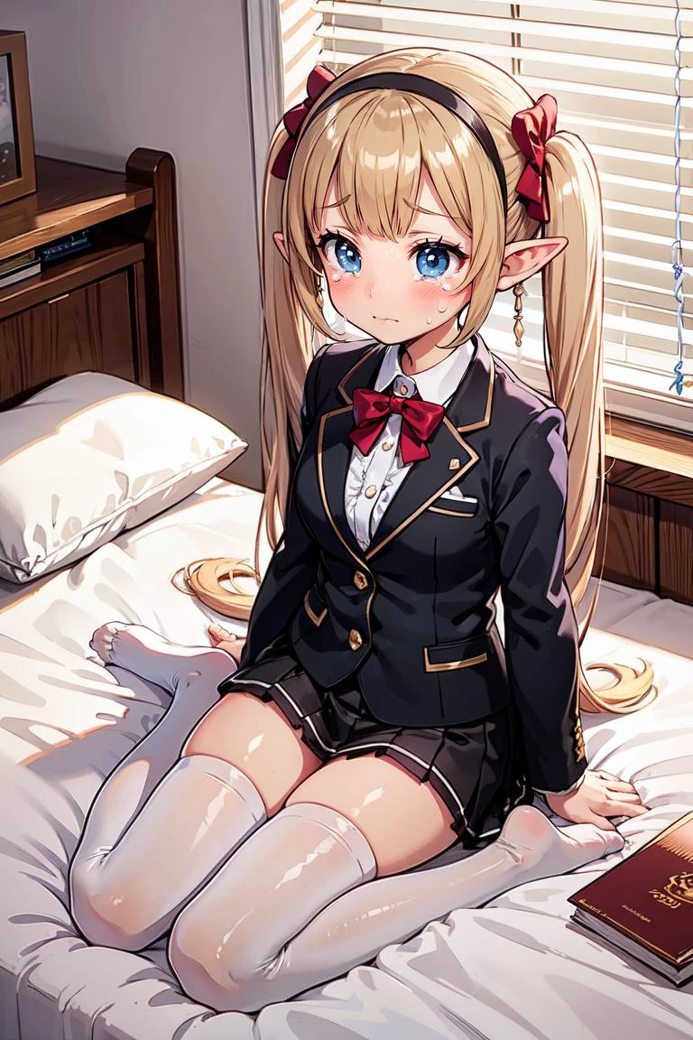 milf and elf,long twintails hair,feet,bedroom,on bed,hair bow,blinds,layered skirts,blouse,blazer,blush,embarrassed,tears,hairbandï¼thighhighs,arm supportï¼from_above,