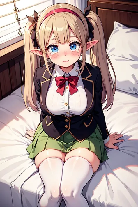 milf and elf,long twintails hair,feet,bedroom,on bed,hair bow,blinds,layered skirts,blouse,blazer,blush,embarrassed,tears,hairband,thighhighs,arm support,from_above,(curvy:1.3),