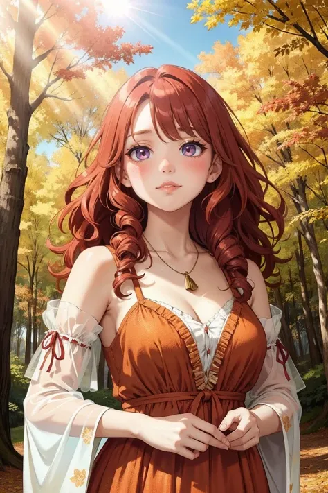 Bright, ultra red-haired, with freckles. The sun, the autumn forest, fantastic beauty. Curls. wearing a boho summer dress Ultra-detailed dreamlike, photography  8K resolution image, translucent and ethereal.