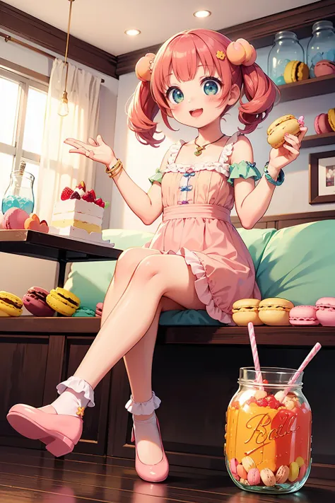 1girl,(kawaii, floating, peach, fruits, cake, jam jar, muffin, ****pop, macaron, sweets explosion:1.3), kawaii clothes, frill, lace, kawaii hair ornament, kawaii bracelet, kawaii socks, kawaii footwear,full body, smile, sitting, 24k, highres,