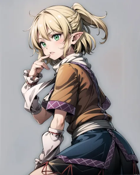 <lora:MizuhashiParsee:1>, mizuhashi parsee, 1girl,blonde hair, pointy ears, ponytail, short hair,green eyes,scarf,arm warmers,skirt,grey background, <lora:add_detail:1>, masterpiece, best quality,