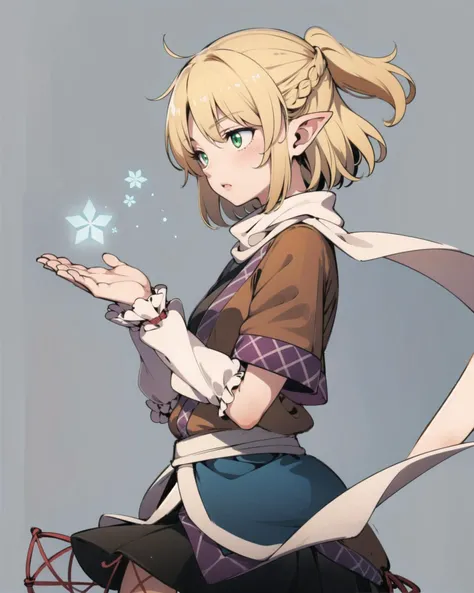 masterpiece, best quality, <lora:MizuhashiParsee:1>,mizuhashi parsee, 1girl,blonde hair, pointy ears, ponytail, short hair,green eyes,scarf,arm warmers,skirt,grey background, <add_detail:1>
