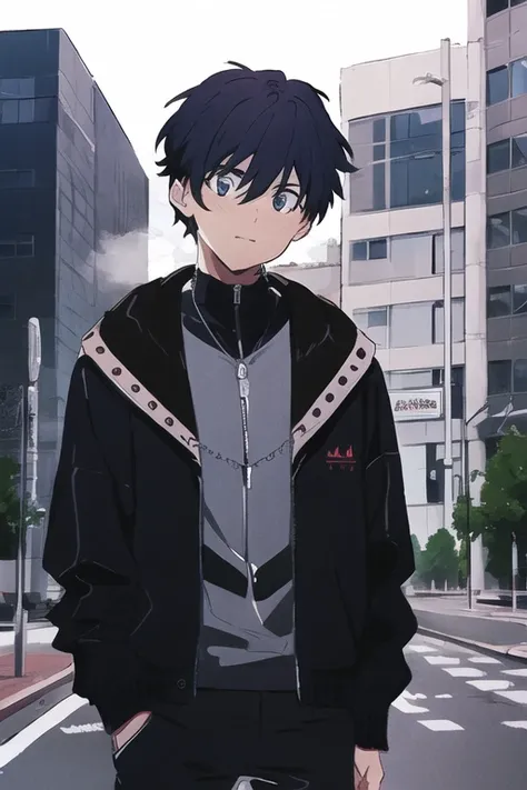 <lora:trou:1>,1boy,upper body,hooded jacket, street,city,public,many people