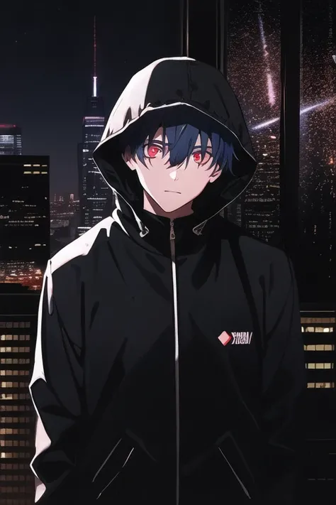 <lora:trou:0.7>,1boy,upper body,hooded jacket, cyberpunk, city, skyscraper, skyline, night sky, neon lights, no humans, background