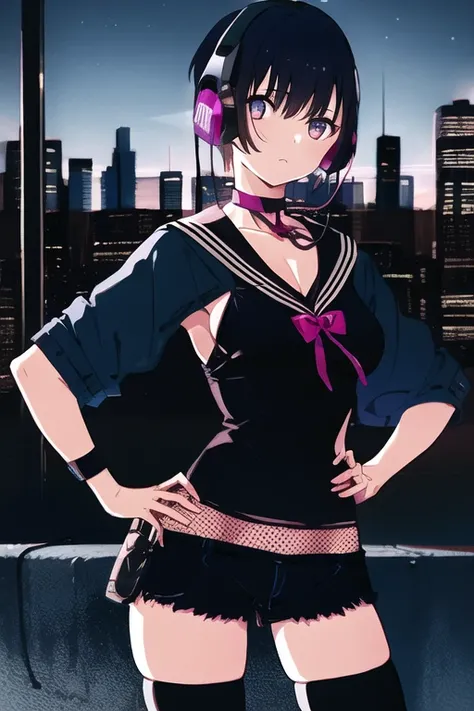 <lora:trou:1>,1girl,upper body,short hair, floating hair, expressionless, collarbone, collar,small breasts, open clothes, sailor shirt, cat lingerie, areola slip, denim shorts, thighhighs,hand on hip, headphones, cyberpunk, city, skyscraper, skyline, night sky, neon lights, too many humans, background,looking at viewer,