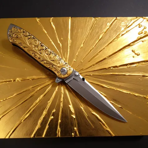 comic Graffiti Street Art, a folding knife Theater director covered in Gold paint, product showcase <lora:Knife_XL_FFusion:1> . graphic illustration, comic art, graphic novel art, vibrant, highly detailed