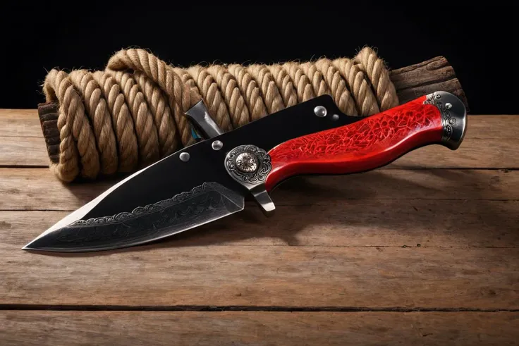 Real estate photography style <lora:Knife_XL_FFusion:1> a knife sitting on top of a rope on top of a wooden table with a knife stuck in the end of a rope on top of a piece of wood with a red and a black handle on the end of the end of the rope on the end of the end of the end of the end of the end of the end, sword, weapon a rope wrapped around a knife on top of a wooden table, bloody knife, holds a small knife in hand, scenic full shot, crisp and sharp, very sharp!!!, tactical knife, very sharp, dagger, full product shot, full subject shown in photo, sharp high quality photo, engraved blade, black and red fantasy sword, knife, wonderful scene, rosen zulu a brightly colored dog with a black background, digital art animal photo, beautiful dog head, full color digital art, colorful digital painting, digital art. highly detailed, made entirely from gradients, airbrush digital art, digital airbrush painting, jen bartel, painting of cute dog, airbrush digital oil painting, portrait of dog, amazing digital art, black background, no humans, realistic, colorful, animal focus, bird, simple background, animal, rainbow, feathers, solo, looking at viewer, beak, from side,(Electric Colors:1.3),propaganda poster,soviet poster,sovietwave . Professional, inviting, well-lit, high-resolution, property-focused, commercial, highly detailed