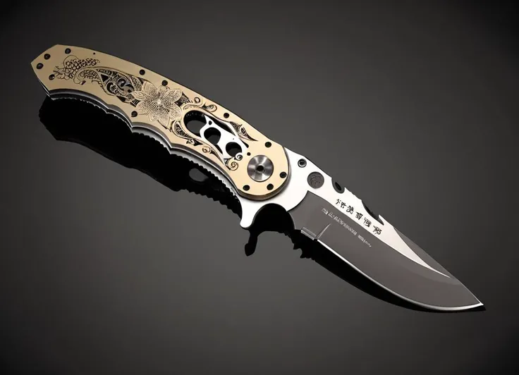 Typographic art folding knife tactical knife engraved blade, octane render, Grouchy Tang Dynasty knife, Magical details, Masterpiece, dreamy magical atmosphere, [ (art by Goro Fujita:0.8) , (art by Mike Campau:0.9) ::6], a folding knife <lora:FF-Knives-XL-Cr2-v0163:1> . Stylized, intricate, detailed, artistic, text-based