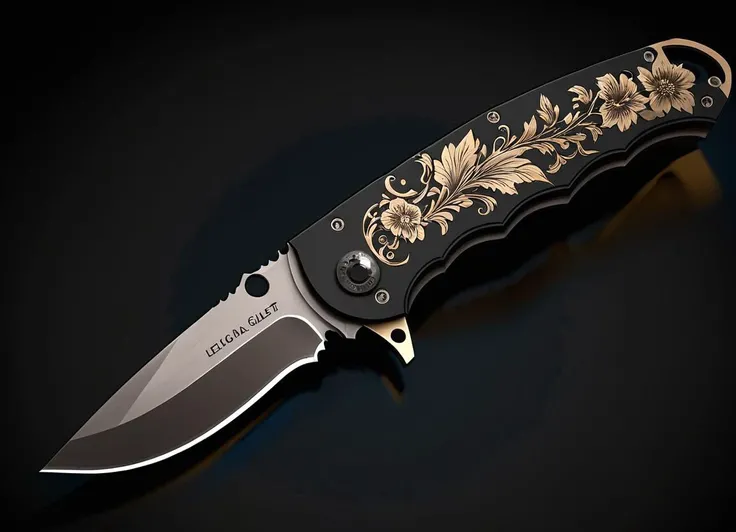 texture folding knife tactical knife engraved blade, art by Leticia Gillett, octane render, Folded Chinoiserie knife, Foul details, Dark, Glitchcore, Beautifully Lit, a folding knife <lora:FF-Knives-XL-Cr2-v0163:1> top down close-up