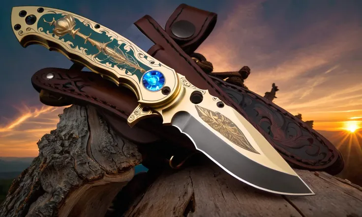 Fairy tale folding knife tactical knife engraved blade, art by Peter Mohrbacher, octane render, Energizing knife, at Dusk, split diopter, Sunlight, a folding knife <lora:FF-Knives-XL-Cr2-v0163:1> . Magical, fantastical, enchanting, storybook style, highly detailed