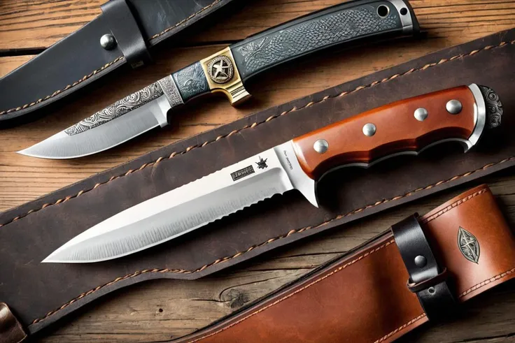 concept art <lora:Knife-FFusion-LoRA-FA:1> a couple of knives sitting next to each other on top of a piece of brown leather on top of a wooden table next to a knife holder with a knife on top of a brown leather surface with a brown surface with a black surface with a logo on it and a close up close up close up close up close up area of, halftone a inspired douglas ship Brian in David boat, waves, jacek humans, sky, no outdoors, painting the Robert kush, John bird, Moonan, smith, pirate media, architecture G. scenery, on Yerka, Sorensen, leaf, yerka sailing water, by ocean, julie mountain, driben, tree, traditional Jacek Despain, Bryden, watercraft, gothic and vladimir of dillon, peter ship,, no humans, scenery, ship, mountain, bird,(Oversaturated:1.3),propaganda poster,soviet poster,sovietwave . digital artwork, illustrative, painterly, matte painting, highly detailed