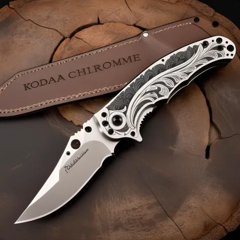 texture folding knife tactical knife engraved blade, bold lettering, delicate, extremely beautiful, Abhorrent knife design, Beautiful details, Kodachrome, a folding knife <lora:FF-Knives-XL-Cr2-v0163:1> top down close-up