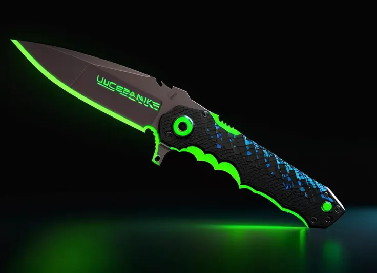 Neon noir folding knife tactical knife engraved blade, octane render, elegant, Psychotic knife, Wispy Colorless patterns, Grim, Yuccie Art, a folding knife <lora:FF-Knives-XL-Cr2-v0163:1> . Cyberpunk, dark, rainy streets, neon signs, high contrast, low light, vibrant, highly detailed