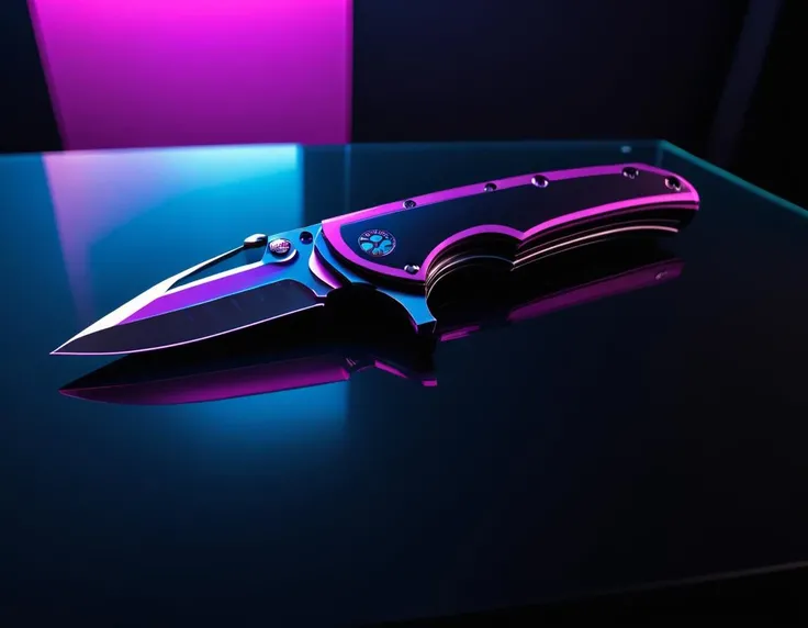 neonpunk style <lora:Knife_XL_FFusion:1>, a knife sitting on top of glass modern design table, full subject shown in photo, very sharp!!!, a folding knife, tactical knife . cyberpunk, vaporwave, neon, vibes, vibrant, stunningly beautiful, crisp, detailed, sleek, ultramodern, magenta highlights, dark purple shadows, high contrast, cinematic, ultra detailed, intricate, professional