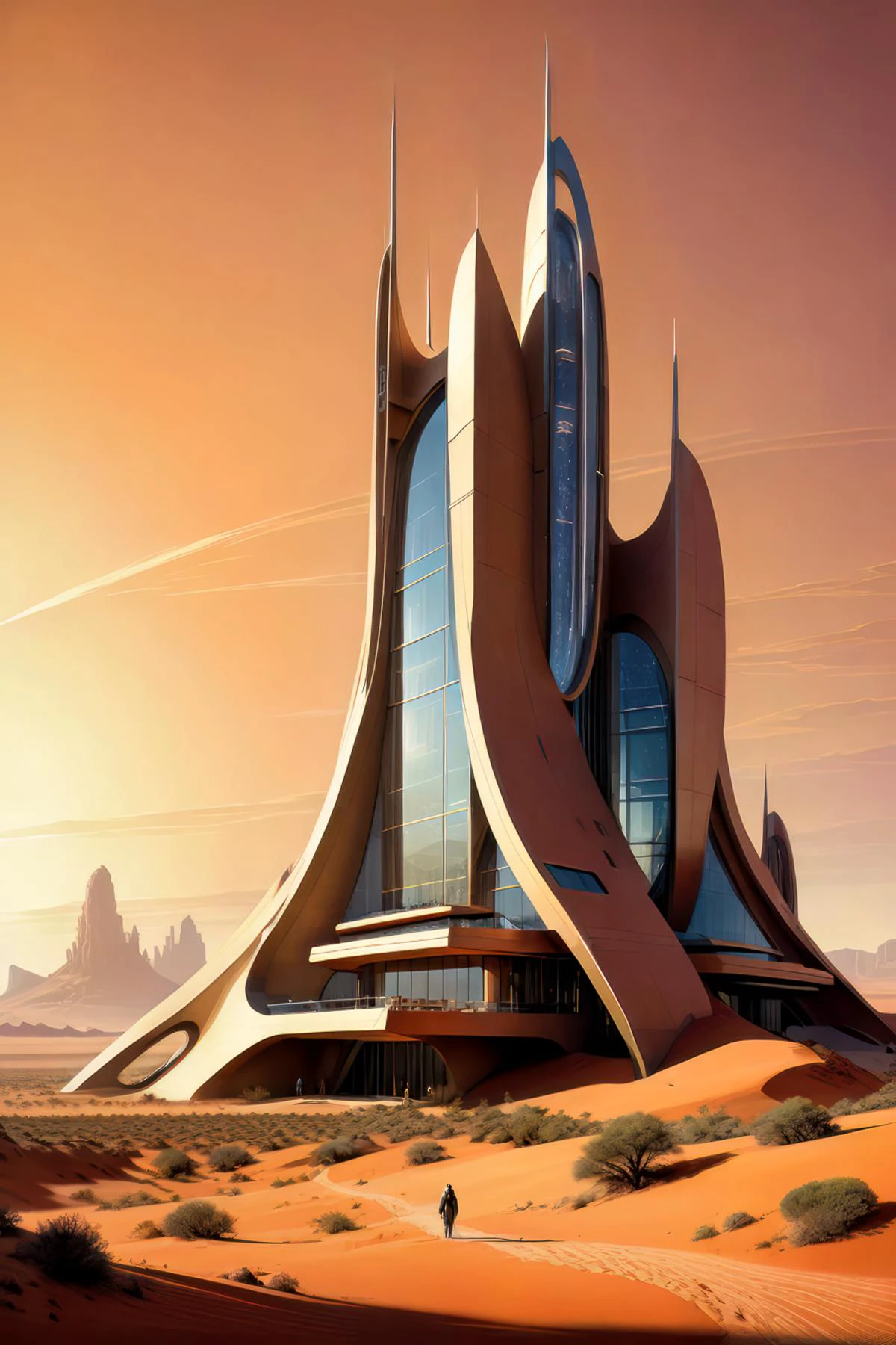 by Moebius and Marc Simonetti,.futuristic modern architecture on a desert planet,.(architectural style, drawing, line art:1.4),.(minimalist, beautiful, intricate details, masterpiece, best quality:1.4),.dynamic pose, full frame body shot, .desert color palette,.soft volumetric lighting,.<lora:add-detail-xl:1> <lora:xl_more_art-full_v1:0.7> <lora:looking_at_viewer:2><lora:BG_Alien_Planet:1.0>