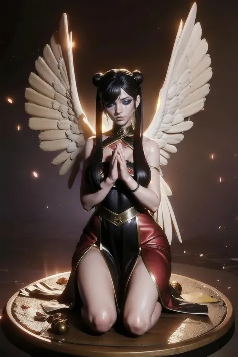 <lora:STT3Dv1:0.75>, (dark fantasy:1.3), eye shadow, woman, ambrosia Masterpiece volumetric lighting light particles, kneeling in prayer, wings, twin tails, black hair,