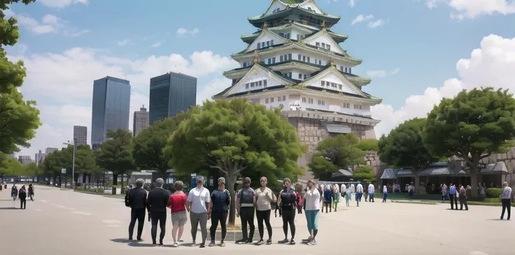 best quality, ultra-detailed, illustration,
osakajou, 6+boys, multiple boys, architecture, multiple girls, outdoors, shirt, day, pants, hat, tree, sky, 6+girls, white shirt, bag, blue sky, real world location
 <lora:OsakaCastle_SD15_V1:1>