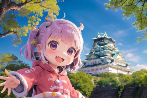 best quality, ultra detail,outdoor, (Osaka Castle), sky,,(giant girl,smile,open mouth,fang,chibi,on castle),dinosaur costume,kigurumi,stuffed toy<lora:OsakaCastle_SD15_V1:0.8>,from below