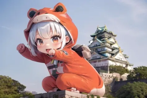 best quality, ultra detail,outdoor, Osaka Castle, sky, day,broken city,(giant girl,paw pose,chibi,dinosaur costume,facing the castle) <lora:OsakaCastle_SD15_V1:0.8>