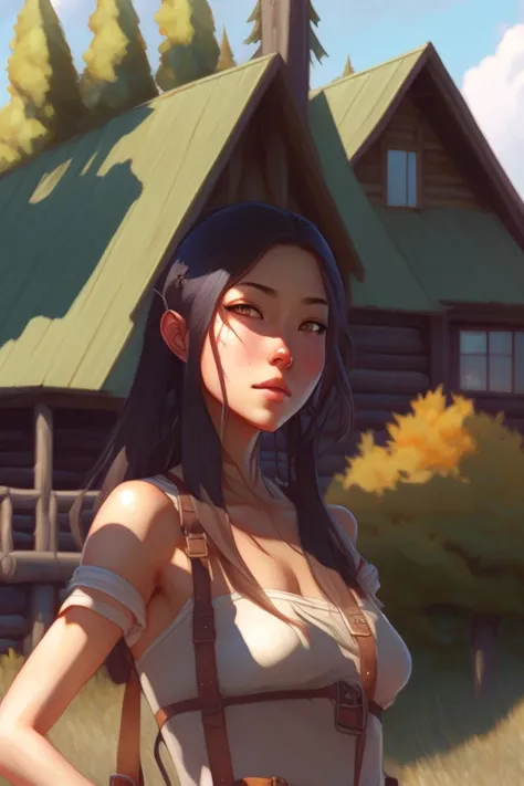 a beautiful girl In front of the cabin, the country, by Artgerm Lau and Krenz Cushart,hyperdetailed, trending on artstation, trending on deviantart