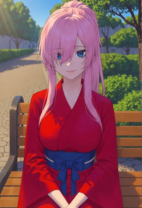 score_9, score_8_up, score_7_up, 4rch0n, game cg, source_anime, sakuya \(goodbye eternity\), 1girl, pink hair, hair over one eye, blue eyes, ponytail, long hair, bangs, red kimono, blue sash, looking at viewer, light smile, day, hard lighting, sunlight, bench, blurry background, <lora:Carlo_Montie:1>, pale skin, large breasts