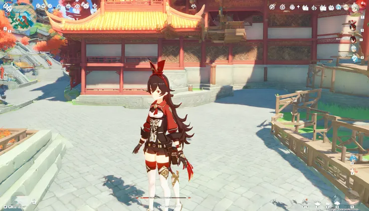 1girl, long hair, bangs, brown hair, thighhighs, gloves, long sleeves, ribbon, hair between eyes, brown eyes, hair ribbon, sidelocks, outdoors, shorts, from side, english text, goggles, building, scenery, walking, vision (genshin impact), architecture, gameplay mechanics, east asian architecture, brown shorts, fake screenshot, heads-up display, amber (genshin impact),  genshinamber <lora:kamber1:1>