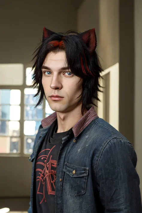 Crimsson Pe'kova, (((masterpiece, best quality, ))), 1boy, male focus, solo, animal ears, red hair, streaked hair, short hair, black hair, black shirt, blue eyes, cat ears, indoors, jacket, looking at viewer, shirt, RAW, depth of field, volumetric detailed lighting, ray tracing, <lora:Crimsson:0.7>