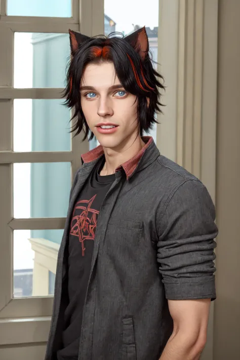 Crimsson Pe'kova, 1boy, animal ears, black hair, black shirt, blue eyes, cat ears, indoors, jacket, looking at viewer, male focus, parted lips, photo, (object), realistic, red hair, shirt, solo, streaked hair, teeth, upper body, window, <lora:Crimsson:0.7>