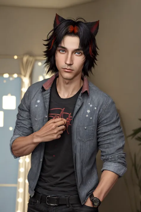 Crimsson Pe'kova, (((masterpiece, best quality, ))), 1boy, male focus, solo, animal ears, red hair, streaked hair, short hair, black hair, tanned skin, mature male, tan, (mexican heritage), black shirt, blue eyes, cat ears, indoors, jacket, looking at viewer, shirt, RAW, dynamic angle, dynamic pose, particle effects, light bokeh, depth of field, volumetric detailed lighting, ray tracing, (hyperrealism:1.2), (photorealistic:1.2), shot with Canon EOS 5D Mark IV, detailed face, detailed hair, <lora:Crimsson:0.8>