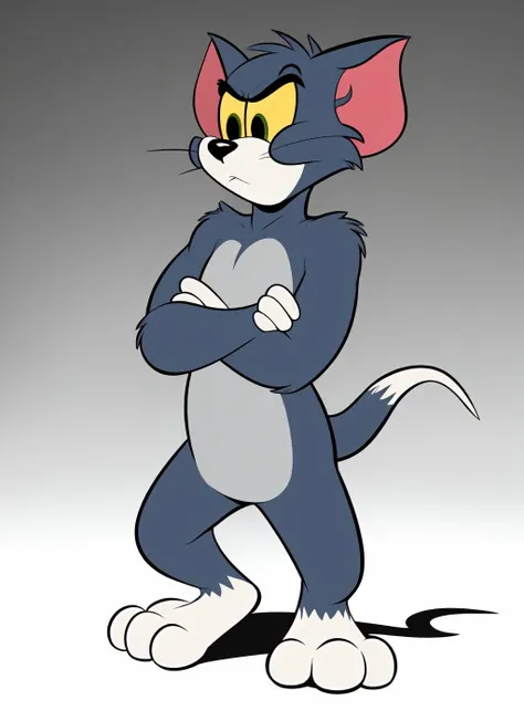 thomascat, furry male anthro, cat boy, solo, tail, body fur, (best quality), gradient background, standing, crossed arms, annoyed, looking at viewer, (feet:0.8), flat color, <lora:thomascat-v1:1>
